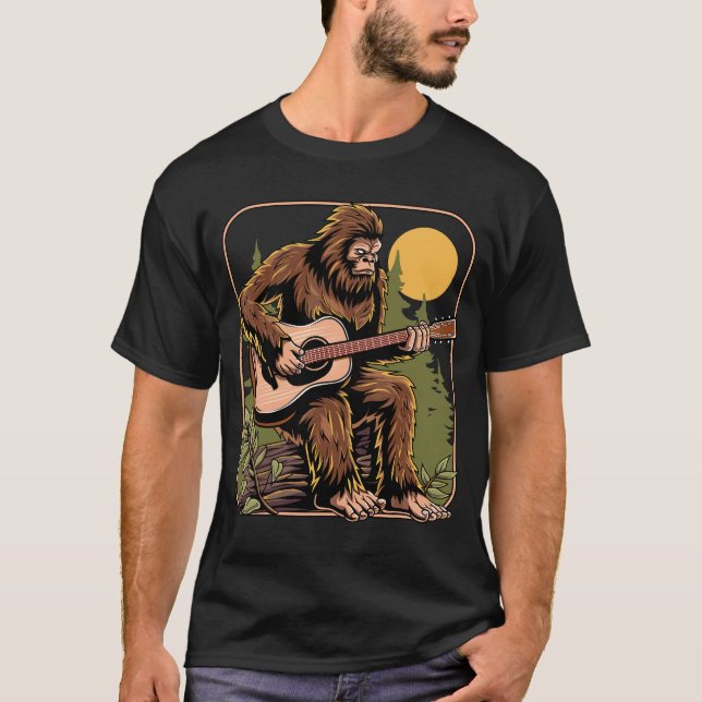 Retro Bigfoot Sasquatch Playing Acoustic Guitar  T-Shirt (Front)