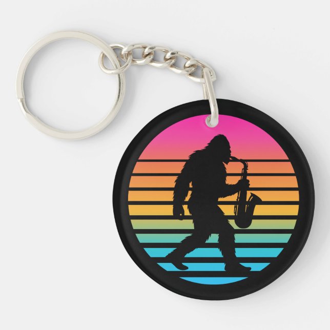 Retro Bigfoot Saxophone Sunset Key Ring (Front)
