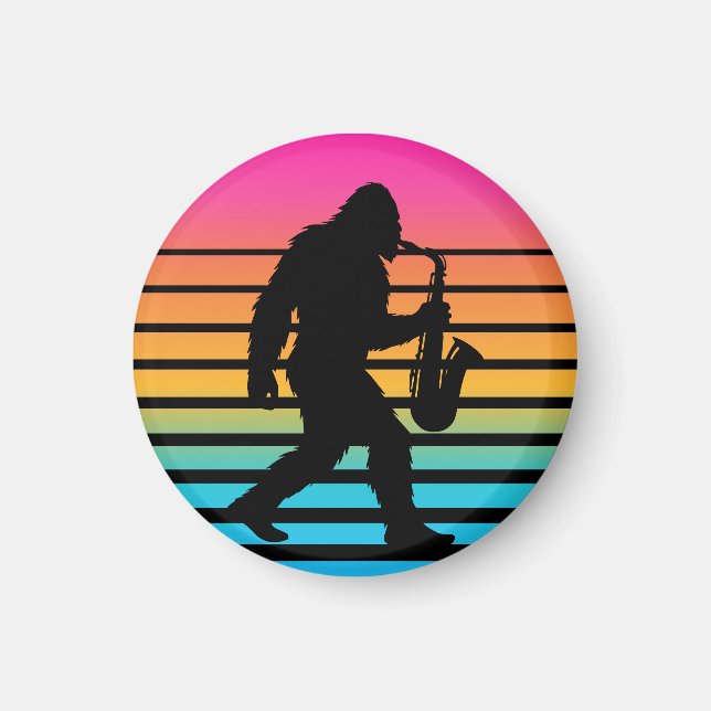 Retro Bigfoot Saxophone Sunset Magnet (Front)