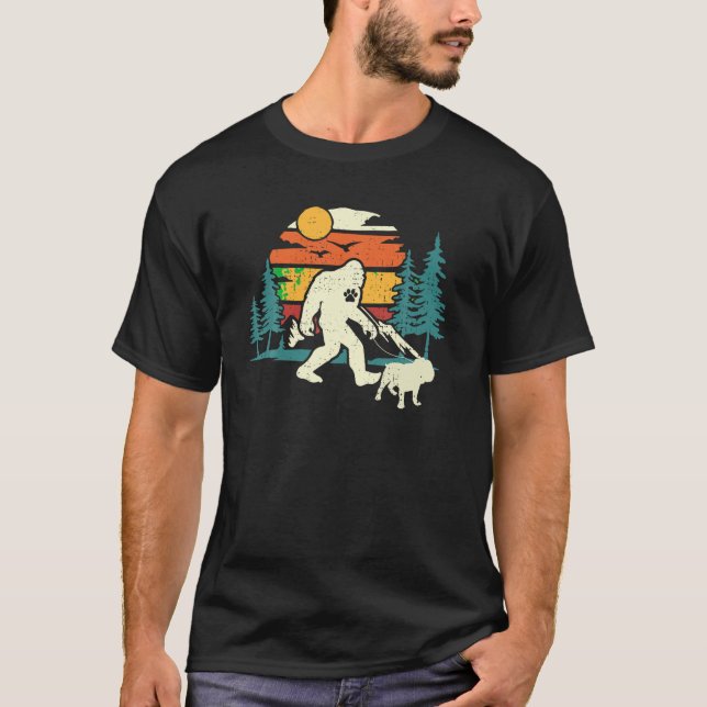Retro Bigfoot Walking English Bulldog Dog Walker S T-Shirt (Front)