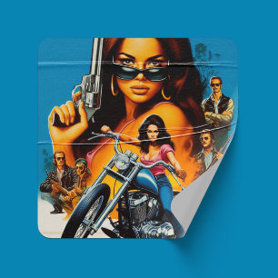 Retro Biker Girls Square Sticker