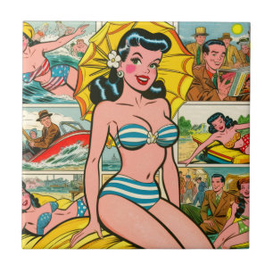 Retro Bikini Girl Summer Comics Ceramic Tile