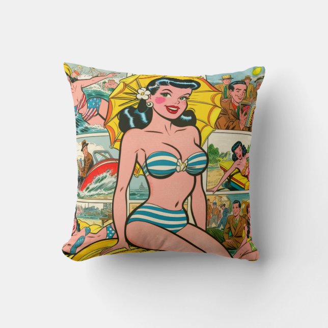 Retro Bikini Girl Summer Comics Cushion (Front)