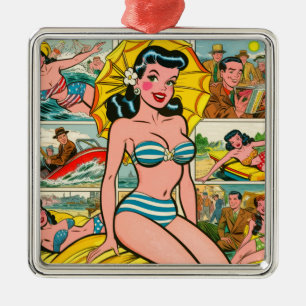 Retro Bikini Girl Summer Comics Metal Ornament