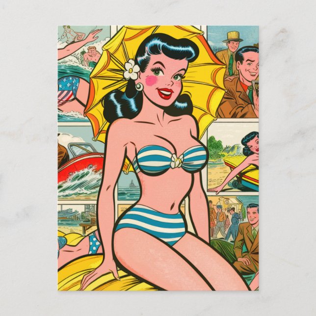 Retro Bikini Girl Summer Comics Postcard (Front)