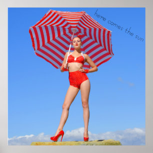 Retro bikini model/red stripe parasol poster