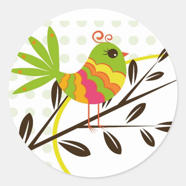 Retro Bird and Flowers Classic Round Sticker (Front)