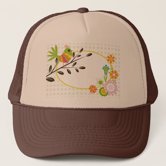 Retro Bird and Flowers Trucker Hat (Front)