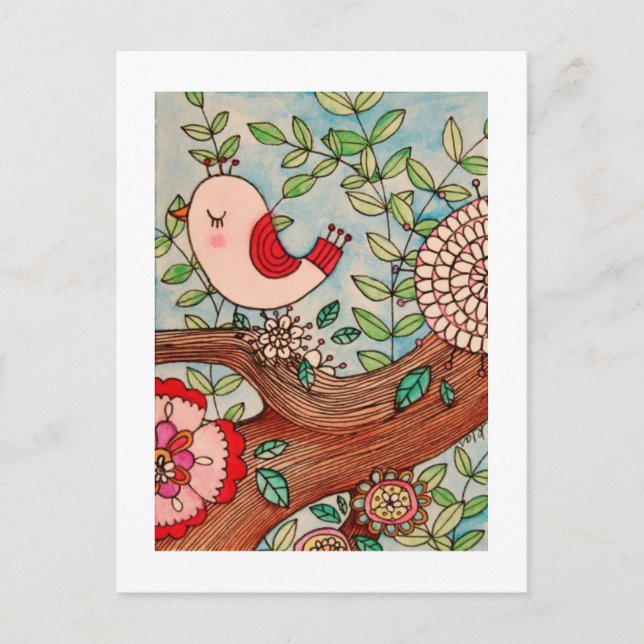 Retro bird, branch, and flowers postcard (Front)