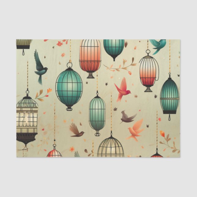 Retro Birdcages and Flying Birds Decoupage Tissue Paper (Front)