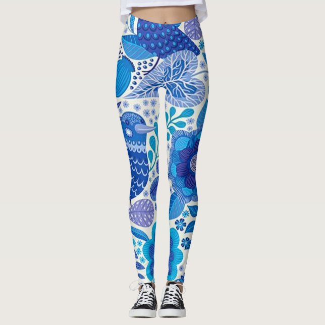Retro Birds And Flowers Pattern Leggings (Front)