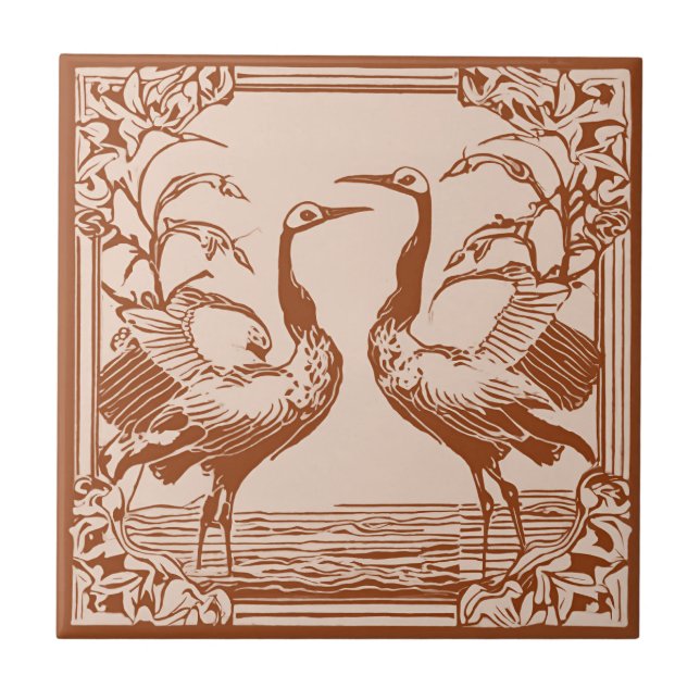 Retro Birds two Cranes Brown Art Deco Art Nouveau Ceramic Tile (Front)
