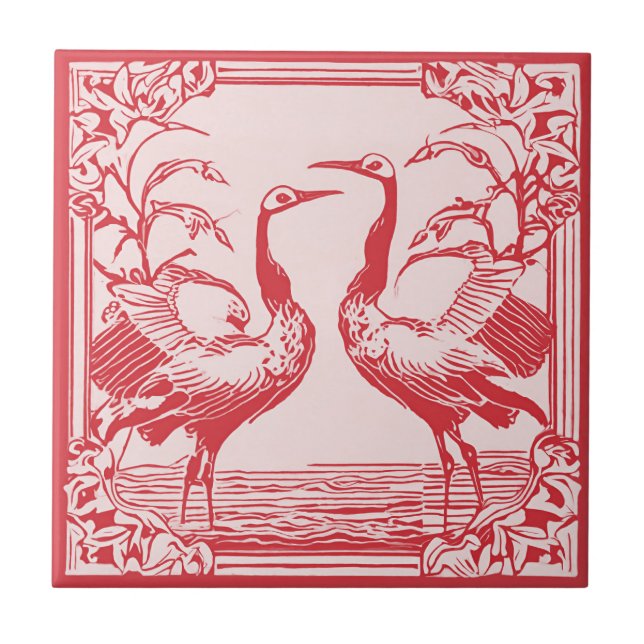 Retro Birds two Cranes Red Art Deco Art Nouveau Ceramic Tile (Front)