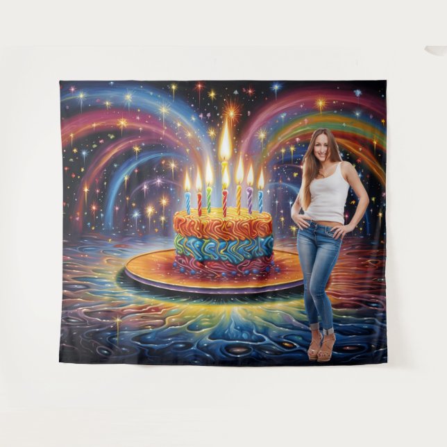 Retro Birthday Cake Backdrop Party Decoration Tapestry (Front (Horizontal))