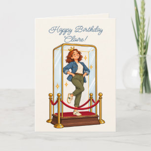Retro Birthday Card Redhead Woman in Denim Jacket