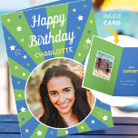 Retro Birthday Custom Name 2 Photo Blue Green Card<br><div class="desc">Say "Happy Birthday" with this retro style birthday card,  including a personalised name and two photographs. A fun design for family,  kids,  friends or pets! Colourful palette of blue,  green,  yellow and white.</div>
