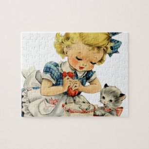 Retro Birthday Girl Cake Cat Artwork Jigsaw Puzzle