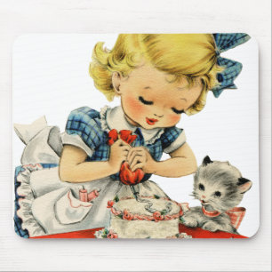 Retro Birthday Girl Cake Cat Artwork Mouse Pad