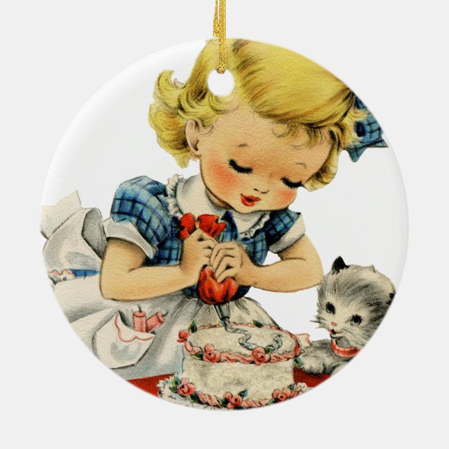 Retro Birthday Girl Cake Cat Children Artwork Ceramic Ornament (Back)
