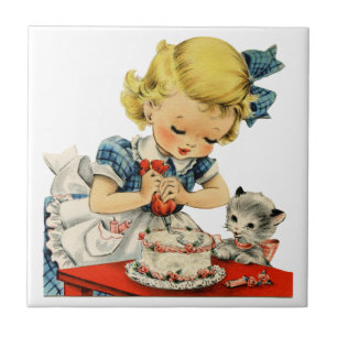 Retro Birthday Girl Cake Cat Children Artwork Ceramic Tile