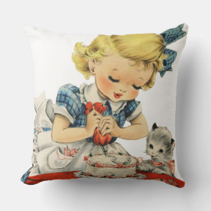 Retro Birthday Girl Cake Cat Children Artwork Cushion
