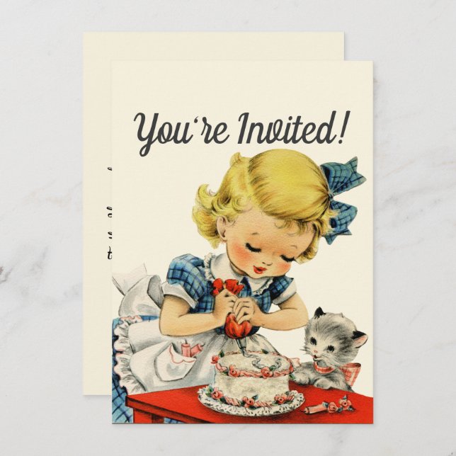 Retro Birthday Girl Cake Cat Children Artwork Invitation (Front/Back)