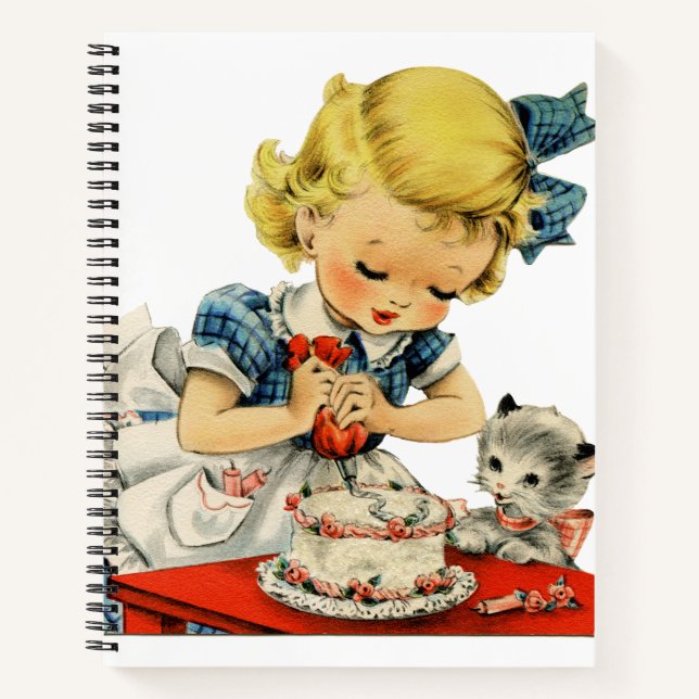 Retro Birthday Girl Cake Cat Children Artwork Notebook (Front)