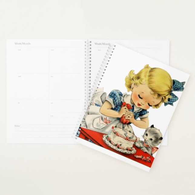 Retro Birthday Girl Cake Cat Children Artwork Planner (Display)