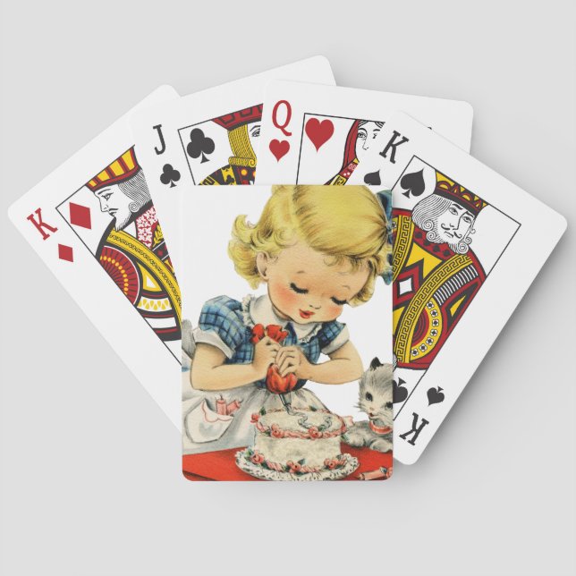 Retro Birthday Girl Cake Cat Children Artwork Playing Cards (Back)