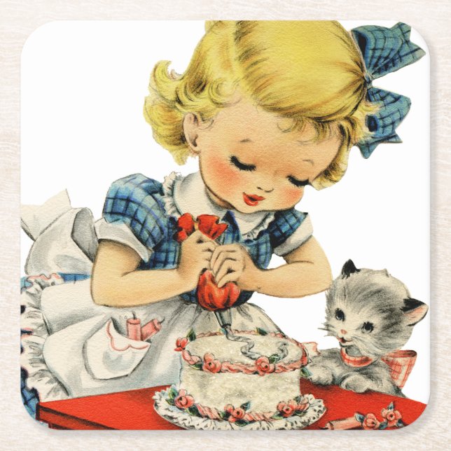 Retro Birthday Girl Cake Cat Children Artwork Square Paper Coaster (Front)