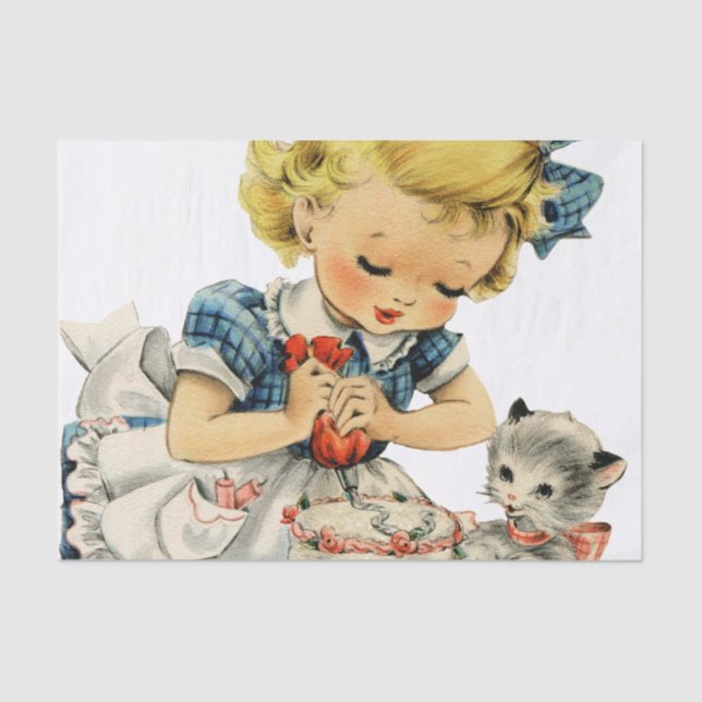 Retro Birthday Girl Cake Cat Children Artwork Tissue Paper (Front)