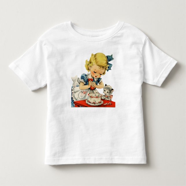 Retro Birthday Girl Cake Cat Children Artwork Toddler T-Shirt (Front)