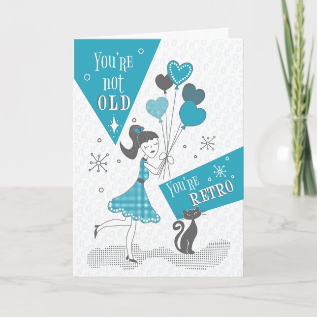 Retro Birthday Girl with Heart Balloons and Black Card (Front)