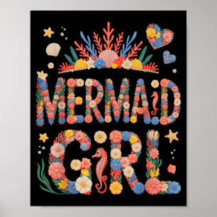 Retro birthday mermaid girl beaching vacation trip poster