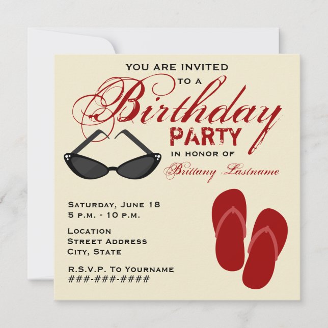 Retro Birthday Party Invite Flip Flops Sunglasses (Front)