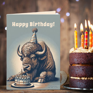 Retro Bison Buffalo Happy Birthday Card