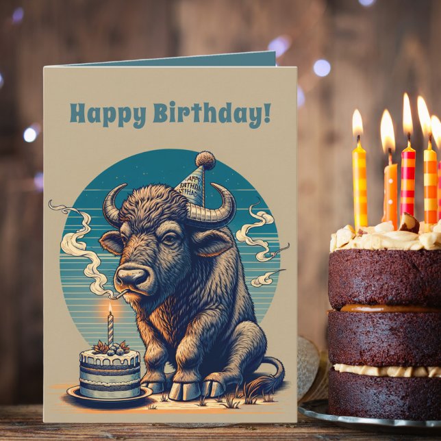 Retro Bison Buffalo Happy Birthday Card (Creator Uploaded)