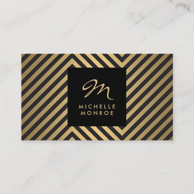 Retro Black and Faux Gold Pattern Glam Monogram Business Card (Front)