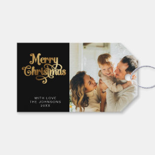 Retro Black and Gold Merry Christmas Family Photo Gift Tags