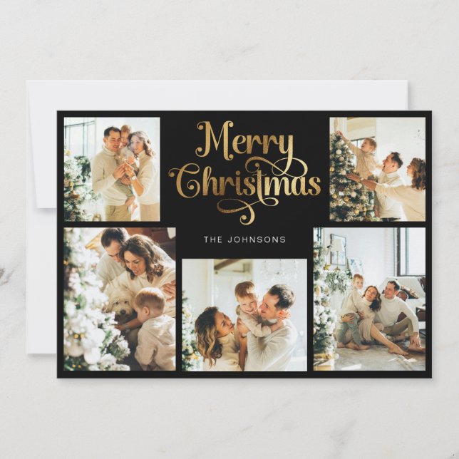 Retro Black and Gold Merry Christmas Family Photo Holiday Card (Front)