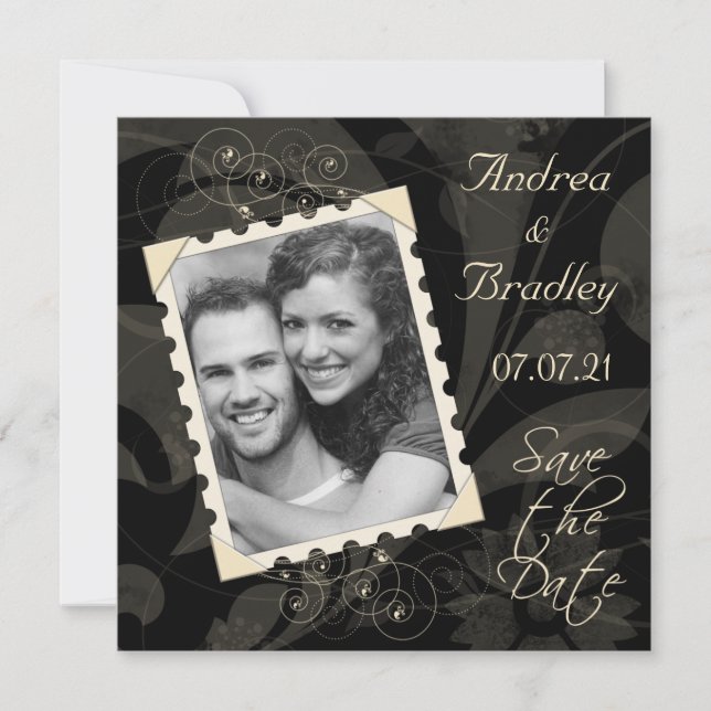Retro Black and Ivory Photo Wedding Save the Date (Front)