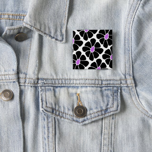 Retro Black and Purple Daisy Pattern 15 Cm Square Badge (In Situ)