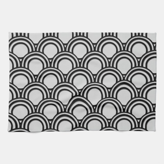Retro Black and White Art Deco Abstract Pattern Tea Towel (Horizontal)