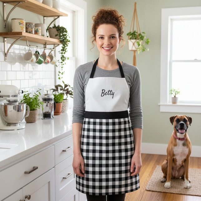 Retro Black and White Buffalo Plaid Custom Name Apron (Personalized retro apron - black and white.)