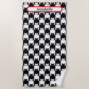Retro Black and White Cats Personalise Beach Towel