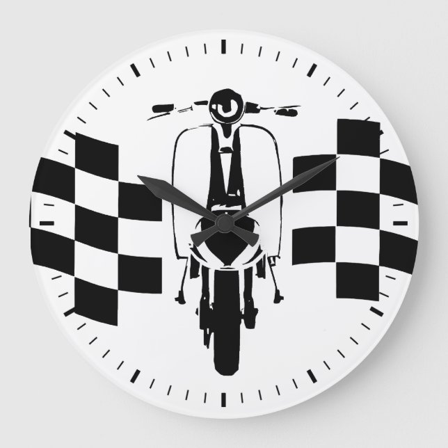 Retro Black and white check flag scooter Large Clock (Front)