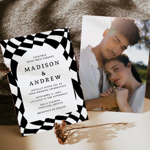 Retro Black and White Chequerboard Photo Wedding Invitation