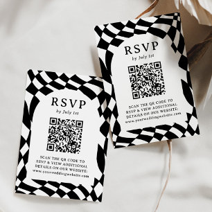 Retro Black and White Chequerboard QR Code Wedding RSVP Card