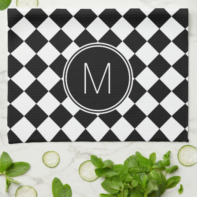 Retro Black and White Chequered Check Tea Towel (Folded)