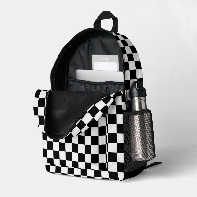 Retro Black and White Classic Chequered Pattern Printed Backpack (Back Corner Right (Open))